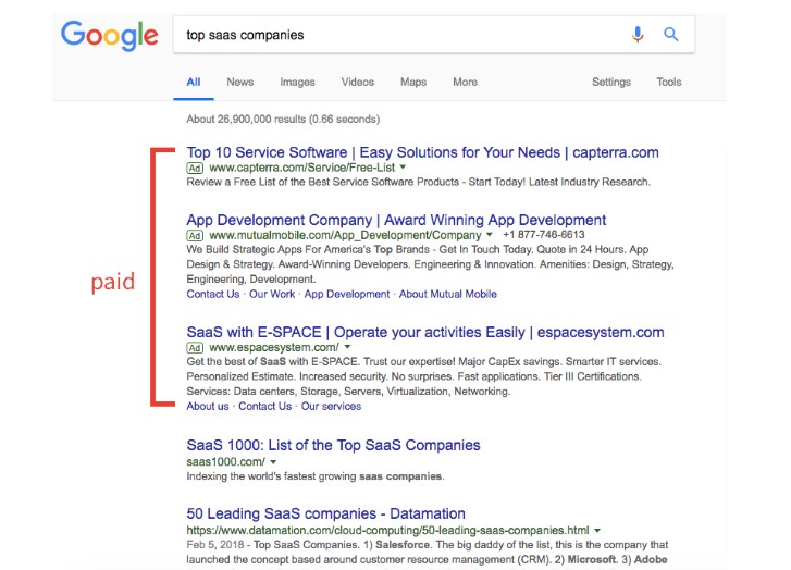 A Google SERP Displaying Paid Results